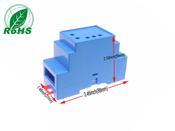 XDI02-28 — Blue Plastic DIN Rail Enclosure with Red Locking Tab