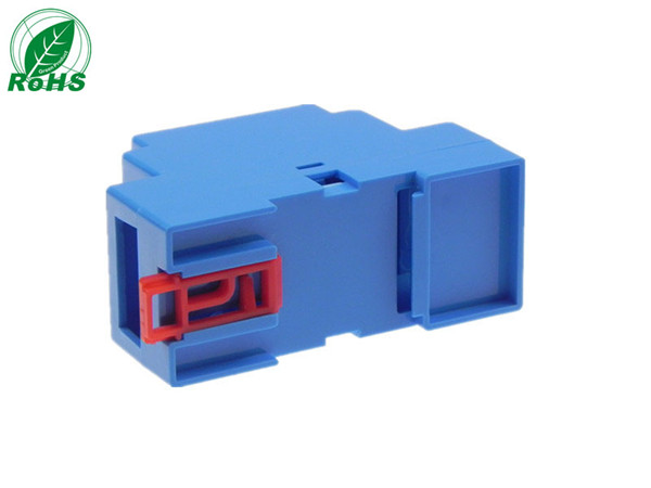 XDI02-28 — Blue Plastic DIN Rail Enclosure with Red Locking Tab