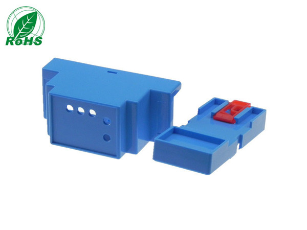 XDI02-28 — Blue Plastic DIN Rail Enclosure with Red Locking Tab
